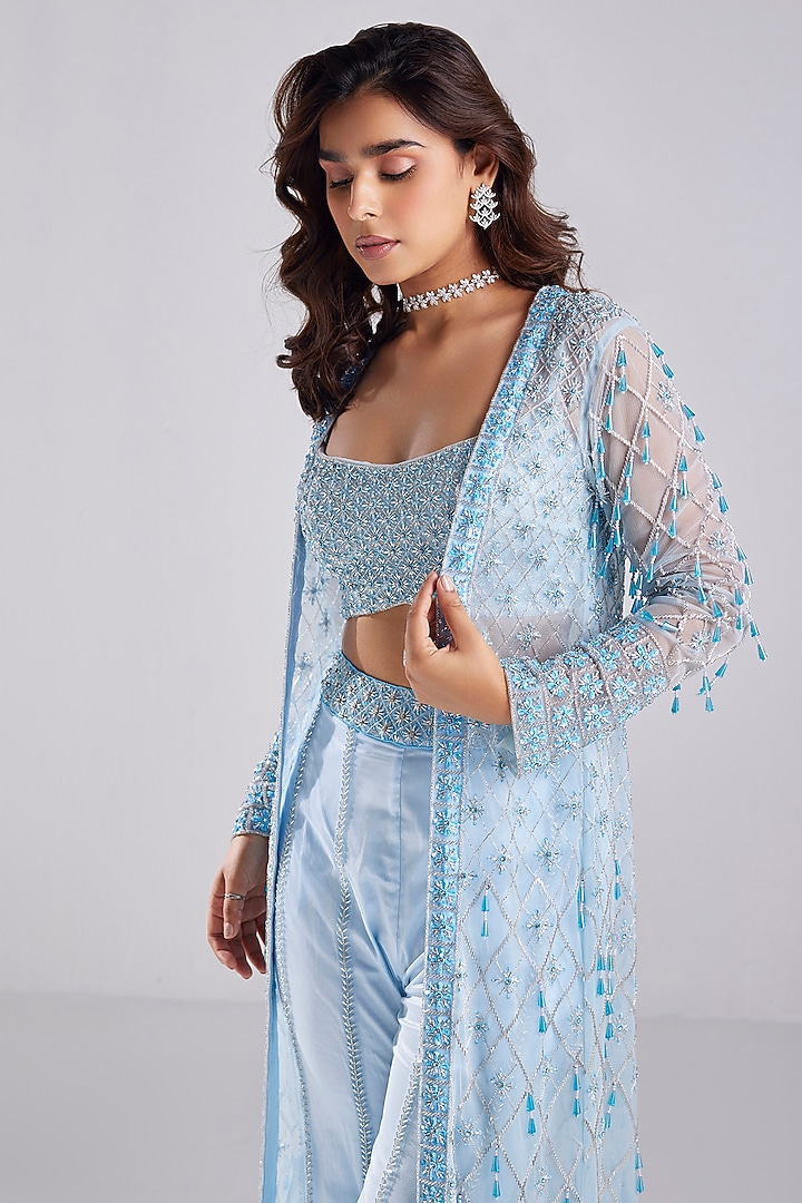 Aqua Blue Tulle Cutdana & Pearl Embroidered Jacket Set by DiyaRajvvir at Pernia's Pop Up Shop