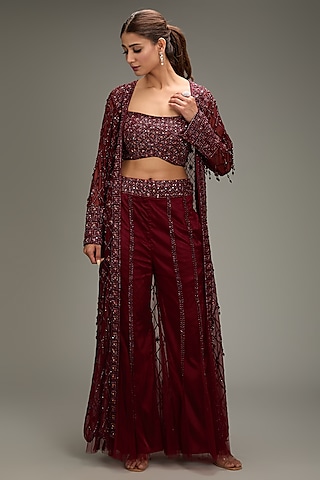 Marsala Red Tulle Tasseled Jacket Set by DiyaRajvvir