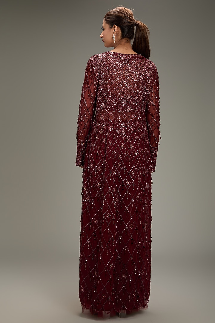 Marsala Red Tulle Tasseled Jacket Set by DiyaRajvvir at Pernia's Pop Up Shop