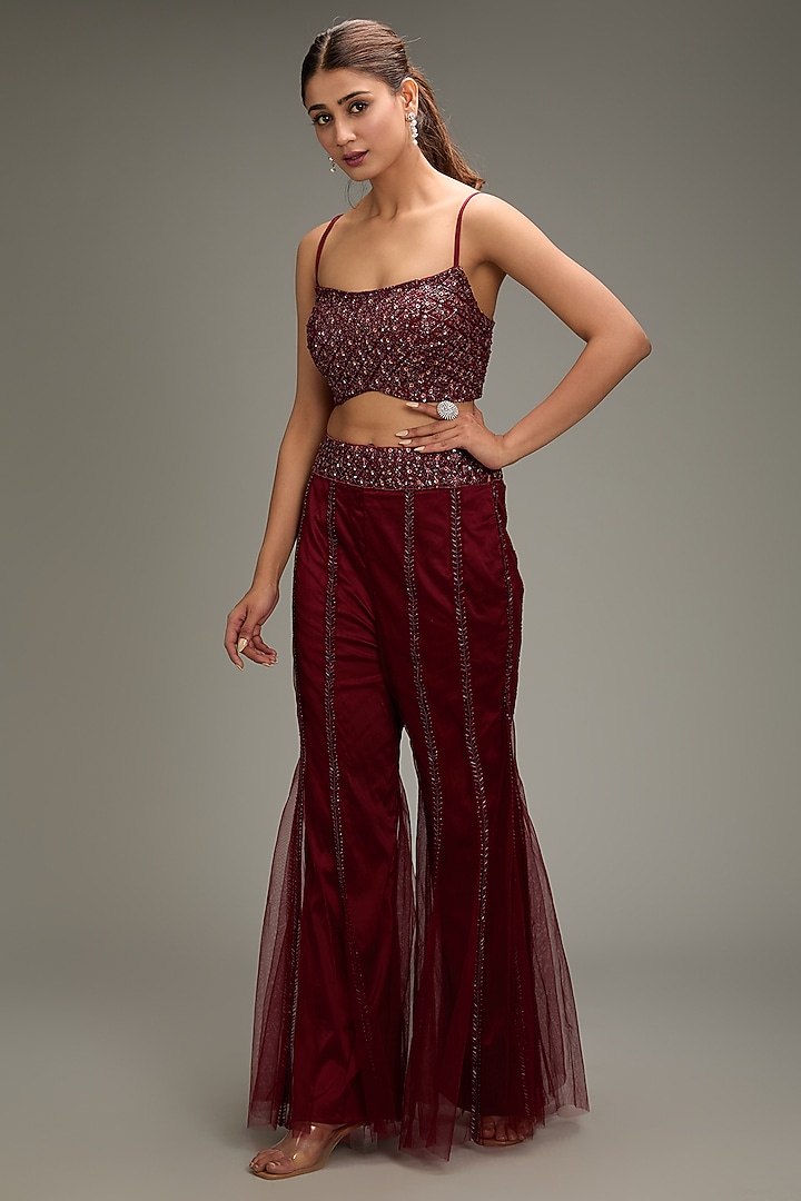 Marsala Red Tulle Tasseled Jacket Set by DiyaRajvvir at Pernia's Pop Up Shop