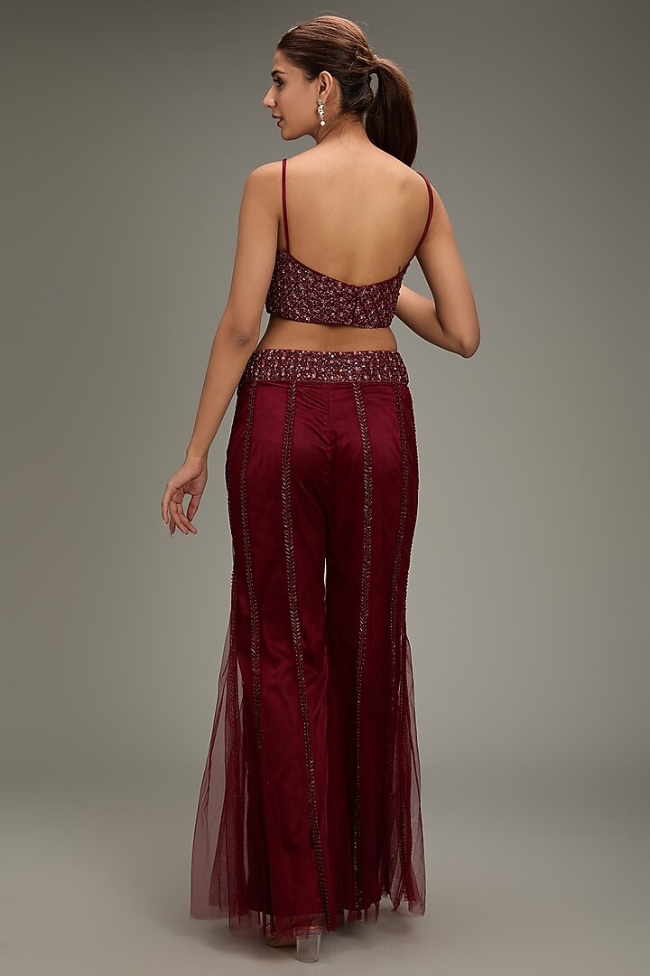 Marsala Red Tulle Tasseled Jacket Set by DiyaRajvvir at Pernia's Pop Up Shop