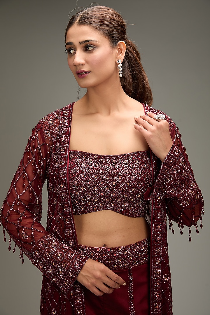 Marsala Red Tulle Tasseled Jacket Set by DiyaRajvvir at Pernia's Pop Up Shop