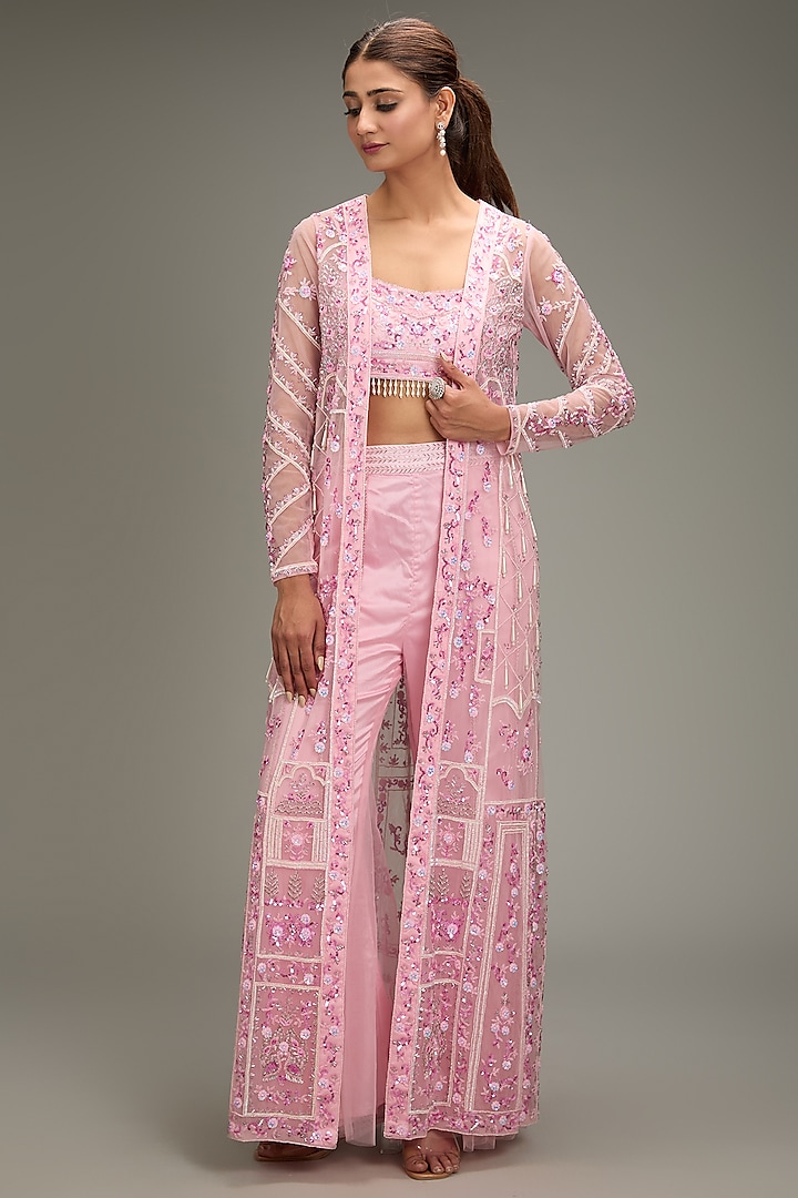 Blush Pink Tulle Embroidered Jacket Set by DiyaRajvvir