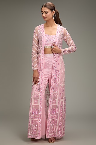 Blush Pink Tulle Embroidered Jacket Set by DiyaRajvvir