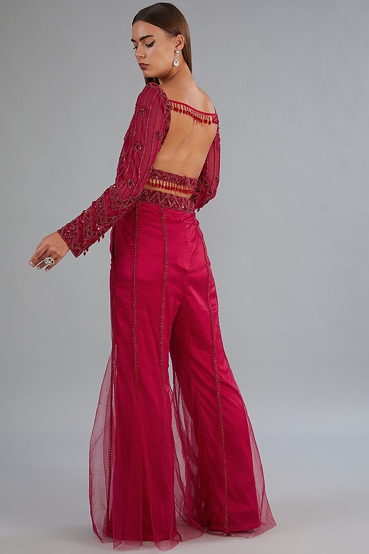 Red Tulle & Georgette Wedding Sharara Set by DiyaRajvvir at Pernia's Pop Up Shop