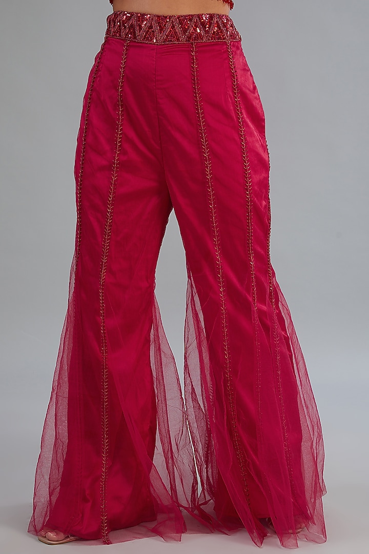 Red Tulle & Georgette Wedding Sharara Set by DiyaRajvvir at Pernia's Pop Up Shop