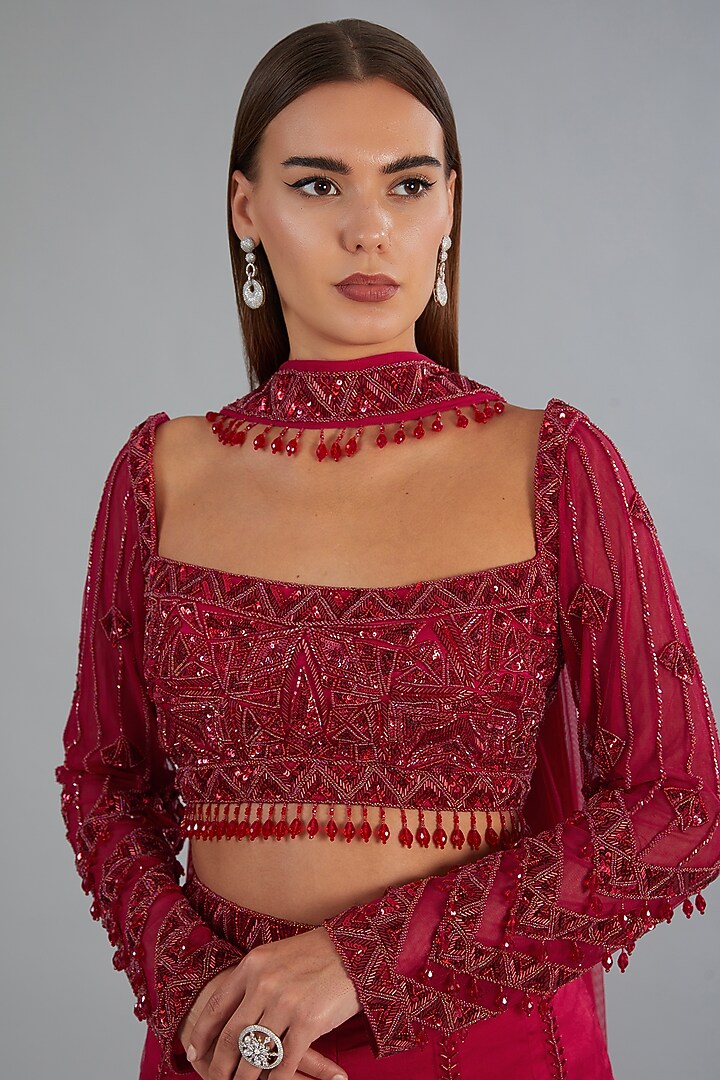 Red Tulle & Georgette Wedding Sharara Set by DiyaRajvvir at Pernia's Pop Up Shop