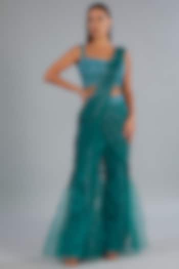 Teal Blue Tulle Cutdana & Tassels Embroidered Sharara Pant Wedding Saree Set by DiyaRajvvir at Pernia's Pop Up Shop