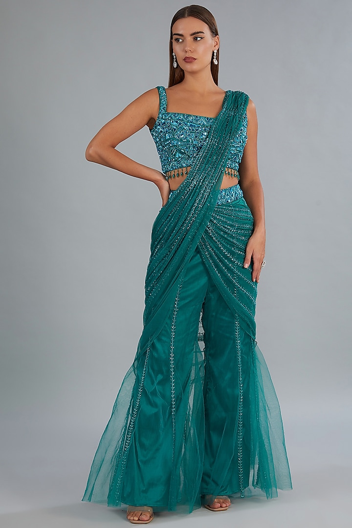 Teal Blue Tulle Cutdana & Tassels Embroidered Sharara Pant Wedding Saree Set by DiyaRajvvir at Pernia's Pop Up Shop