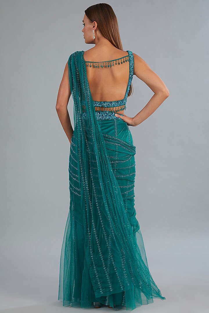 Teal Blue Tulle Cutdana & Tassels Embroidered Sharara Pant Wedding Saree Set by DiyaRajvvir at Pernia's Pop Up Shop
