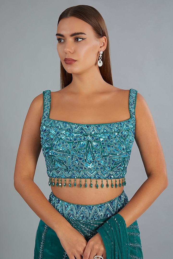 Teal Blue Tulle Cutdana & Tassels Embroidered Sharara Pant Wedding Saree Set by DiyaRajvvir at Pernia's Pop Up Shop