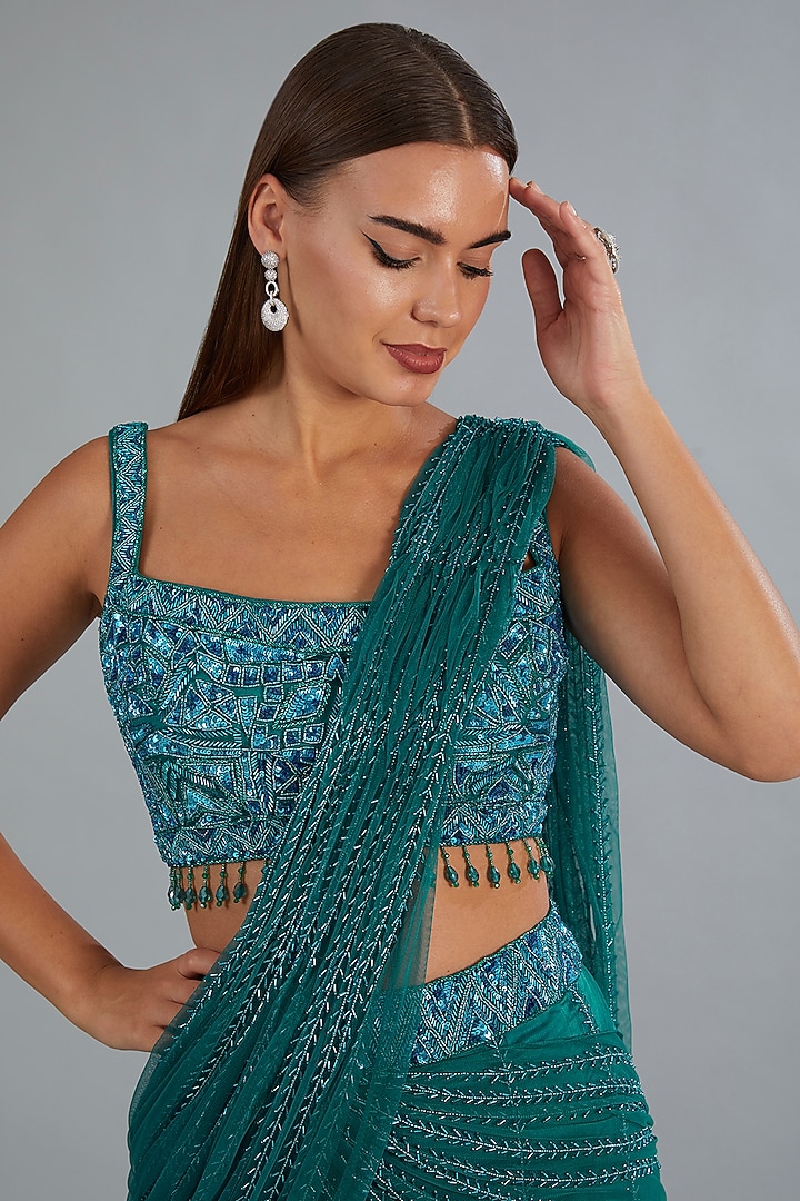 Teal Blue Tulle Cutdana & Tassels Embroidered Sharara Pant Wedding Saree Set by DiyaRajvvir at Pernia's Pop Up Shop