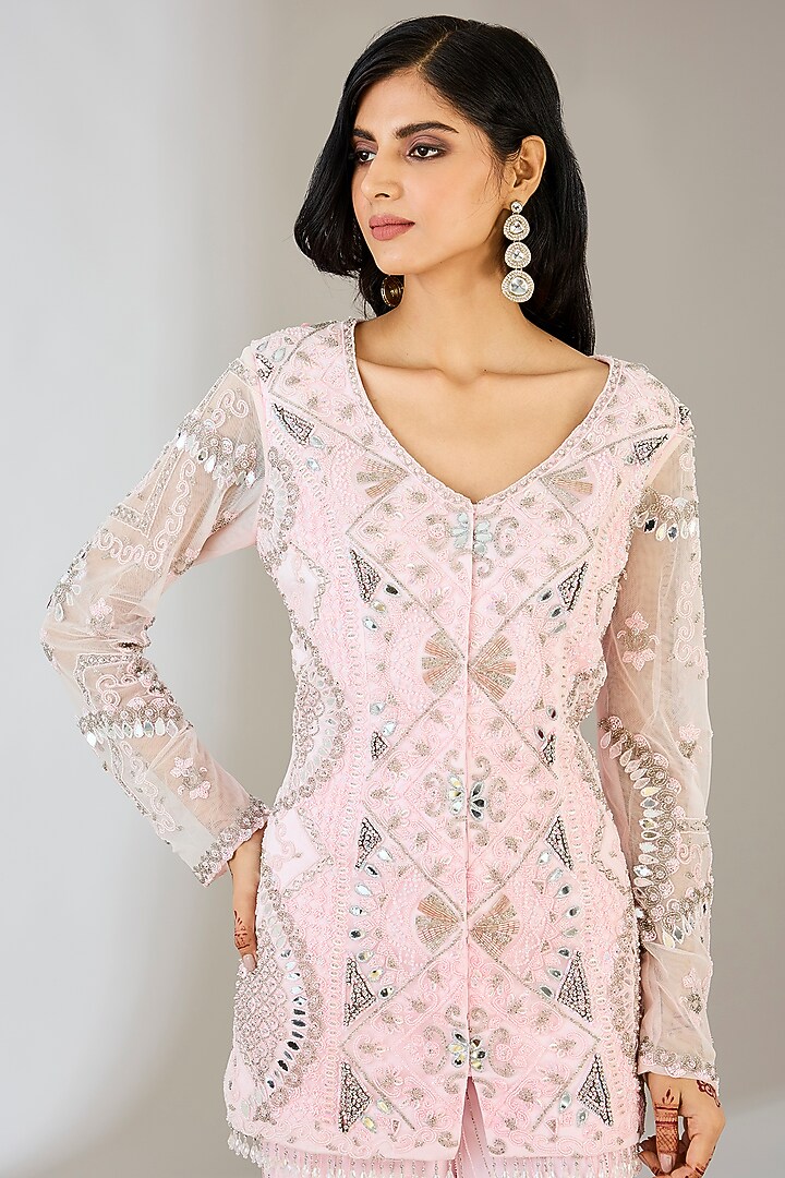 Blush Pink Tulle Cutdana Embroidered Jacket Set by DiyaRajvvir at Pernia's Pop Up Shop