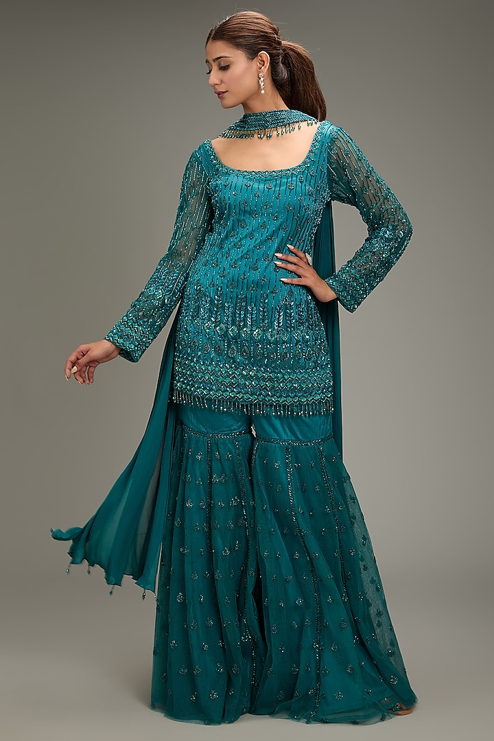 Teal Tulle Embroidered Gharara Set by DiyaRajvvir