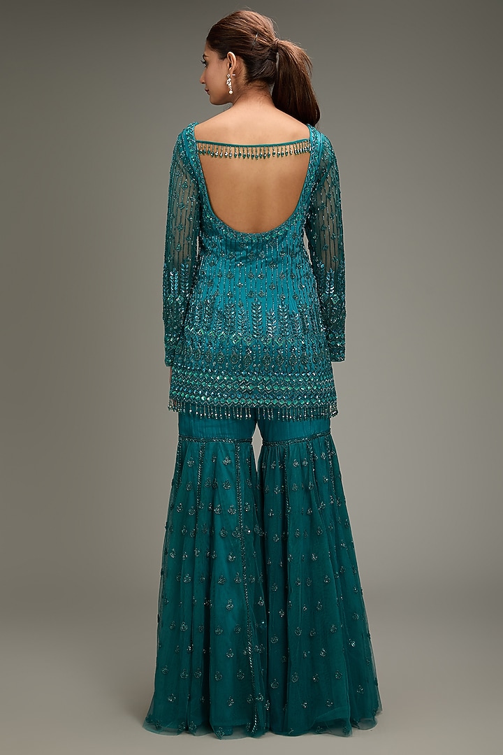 Teal Tulle Embroidered Gharara Set by DiyaRajvvir at Pernia's Pop Up Shop