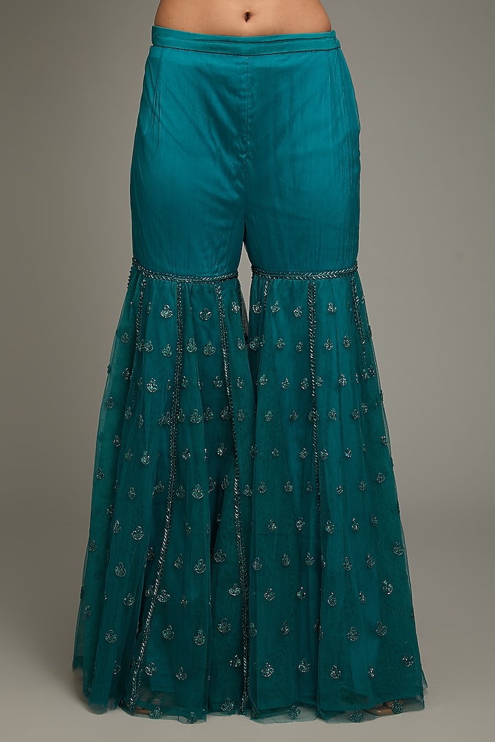 Teal Tulle Embroidered Gharara Set by DiyaRajvvir at Pernia's Pop Up Shop