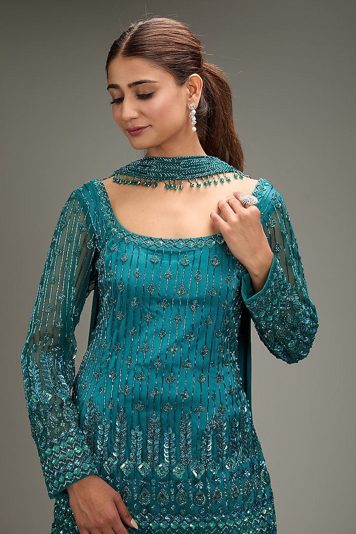 Teal Tulle Embroidered Gharara Set by DiyaRajvvir at Pernia's Pop Up Shop