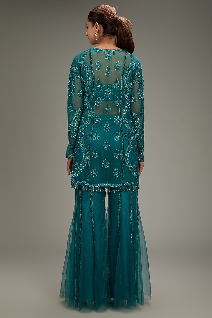 Teal Tulle Embroidered Jacket Set by DiyaRajvvir at Pernia's Pop Up Shop