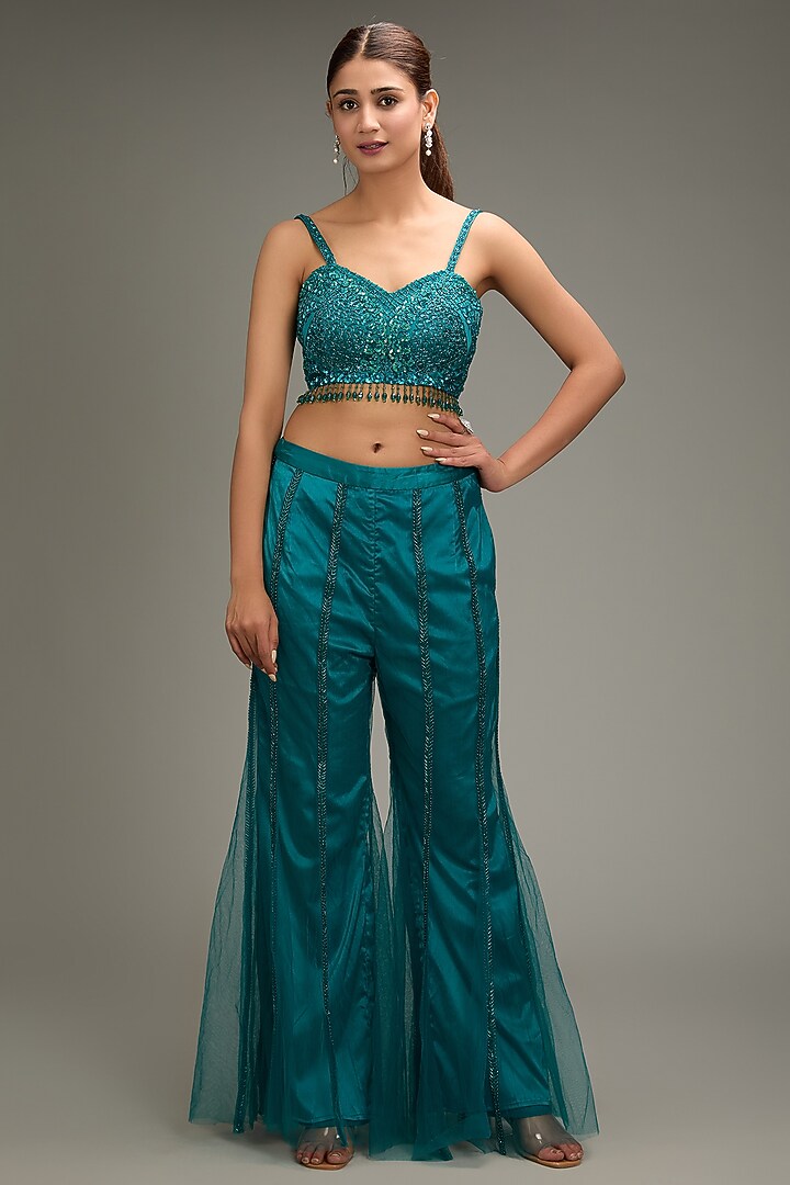 Teal Tulle Embroidered Jacket Set by DiyaRajvvir at Pernia's Pop Up Shop