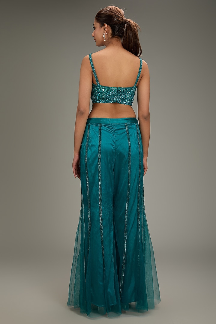 Teal Tulle Embroidered Jacket Set by DiyaRajvvir at Pernia's Pop Up Shop
