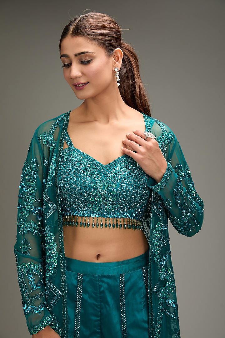 Teal Tulle Embroidered Jacket Set by DiyaRajvvir at Pernia's Pop Up Shop