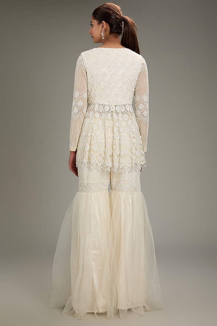 Ivory Tulle Diamond Embroidered Gharara Set by DiyaRajvvir at Pernia's Pop Up Shop