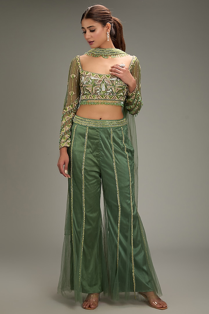 Sage Green Tulle Cutdana Embroidery Pant Set by DiyaRajvvir