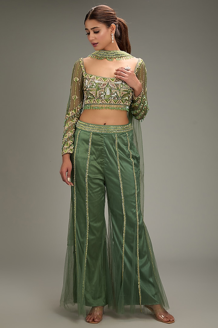 Sage Green Tulle Cutdana Embroidery Pant Set by DiyaRajvvir at Pernia's Pop Up Shop