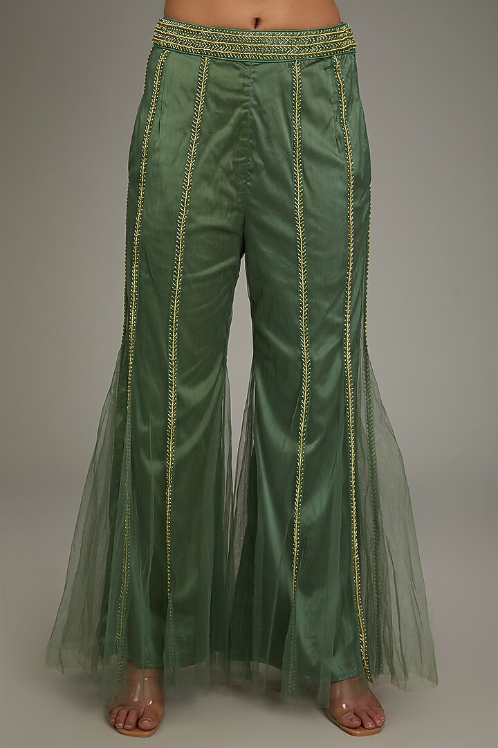 Sage Green Tulle Cutdana Embroidery Pant Set by DiyaRajvvir at Pernia's Pop Up Shop