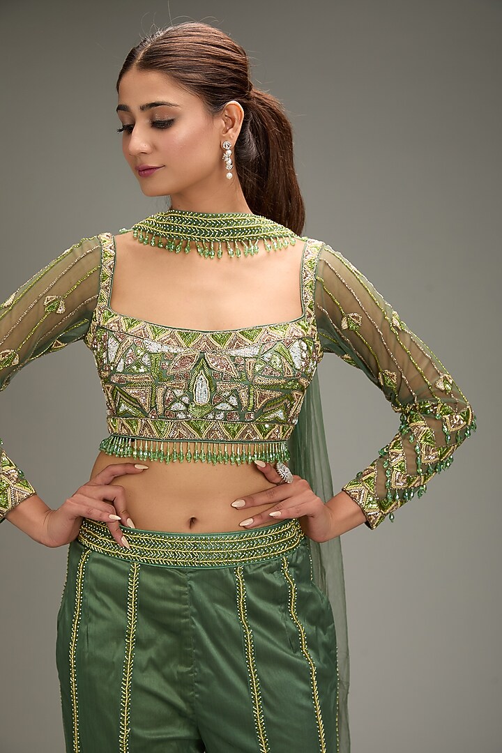 Sage Green Tulle Cutdana Embroidery Pant Set by DiyaRajvvir at Pernia's Pop Up Shop