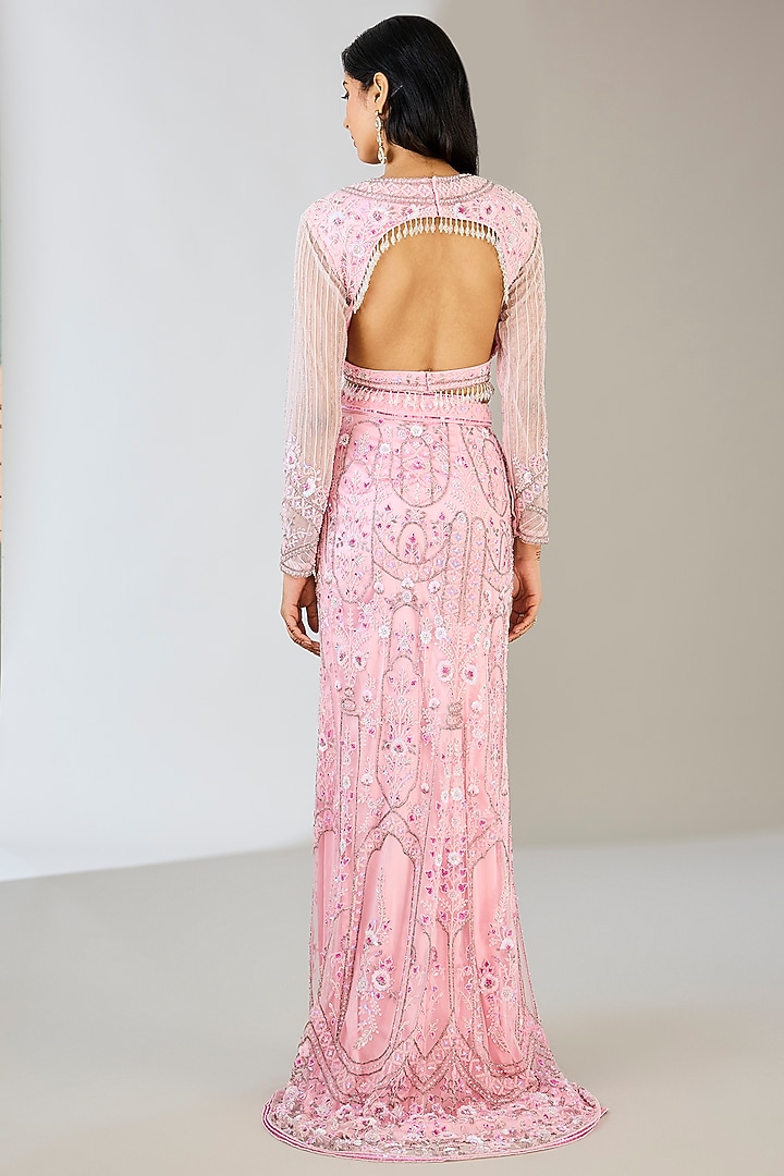 Blush Pink Tulle Floral Embroidered Pencil Skirt Set by DiyaRajvvir at Pernia's Pop Up Shop