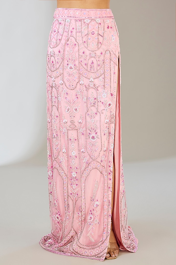 Blush Pink Tulle Floral Embroidered Pencil Skirt Set by DiyaRajvvir at Pernia's Pop Up Shop
