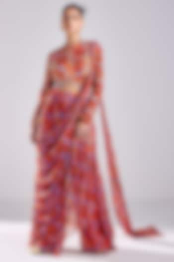 Rust Modal & Georgette Printed Pant Saree Set by DiyaRajvvir