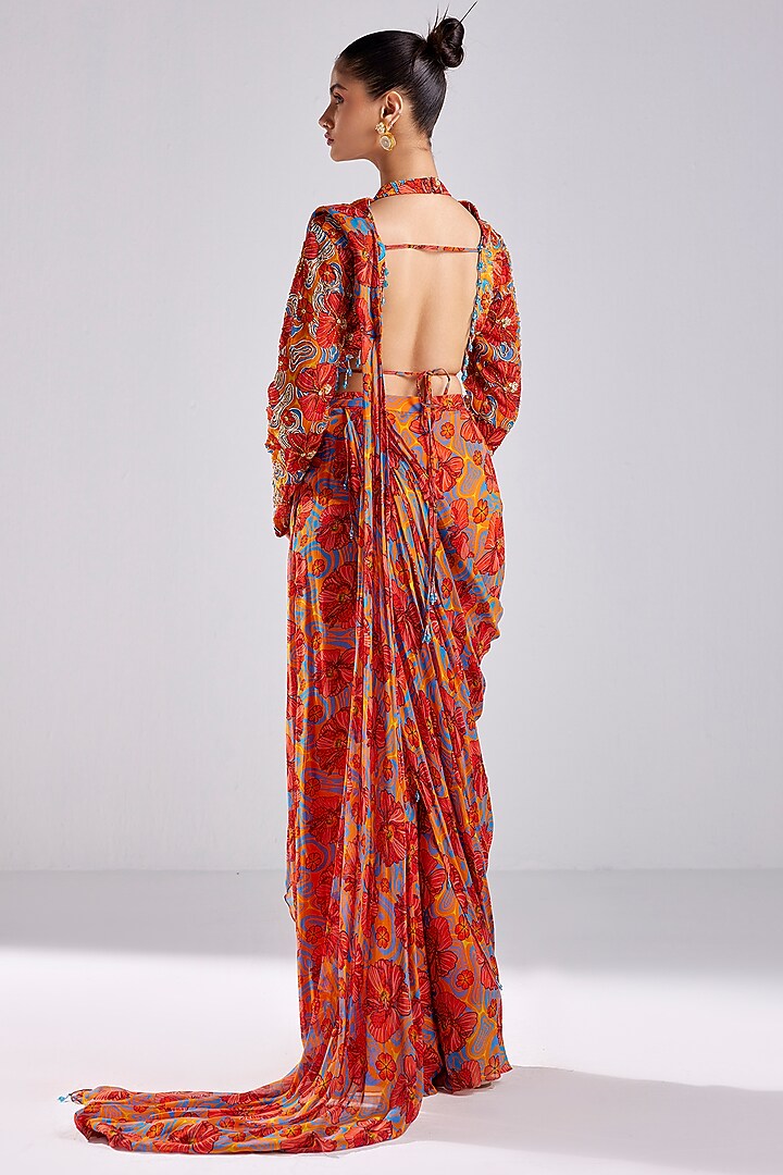 Rust Modal & Georgette Printed Pant Wedding Saree Set by DiyaRajvvir at Pernia's Pop Up Shop