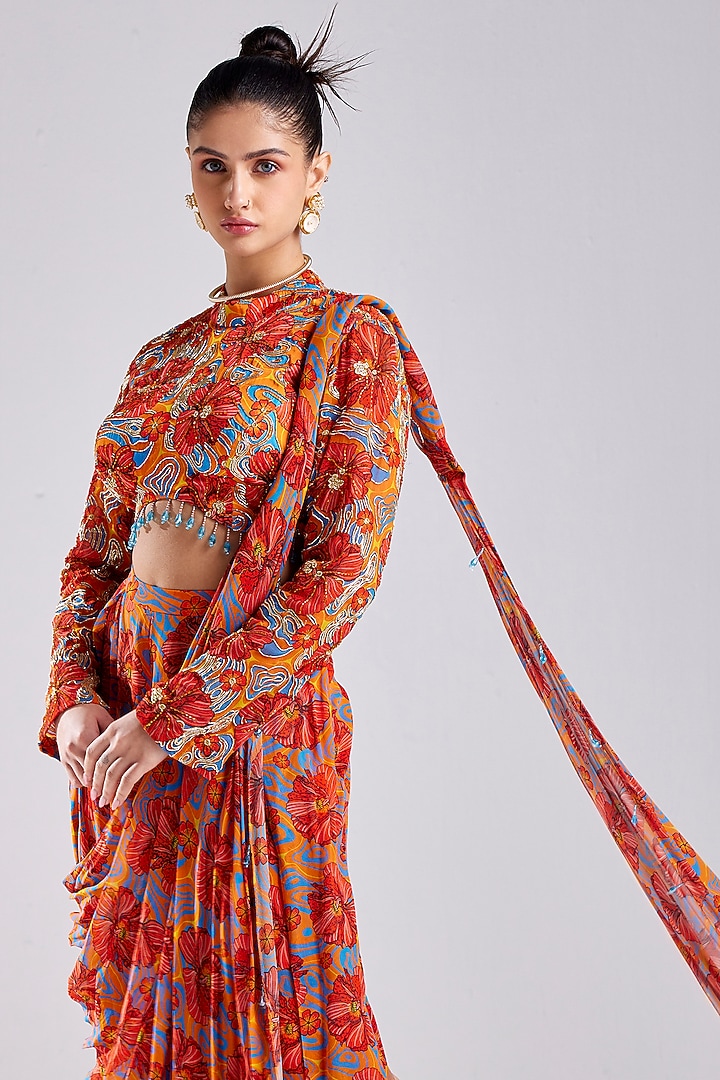 Rust Modal & Georgette Printed Pant Wedding Saree Set by DiyaRajvvir at Pernia's Pop Up Shop