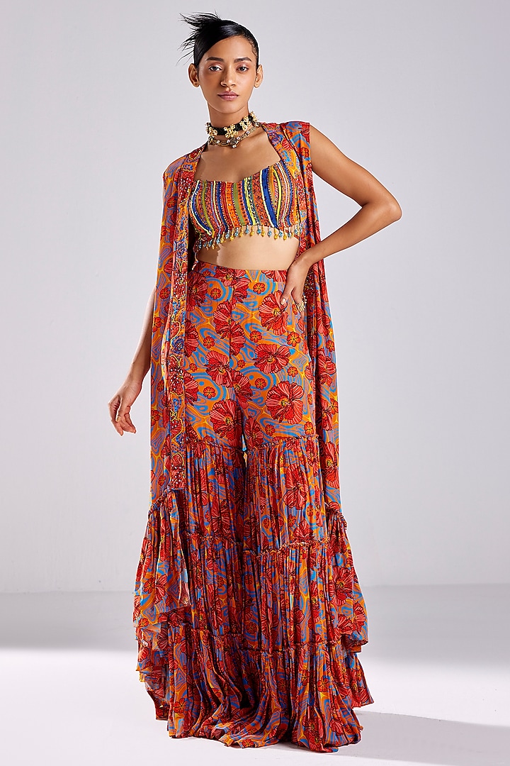 Rust Modal & Crepe Printed Gharara Set by DiyaRajvvir at Pernia's Pop Up Shop
