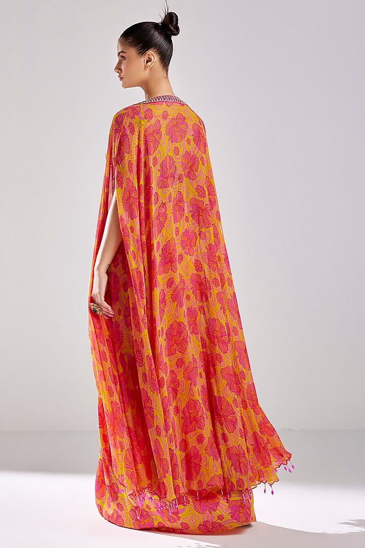 Pink Modal & Georgette Printed Cape Set by DiyaRajvvir at Pernia's Pop Up Shop