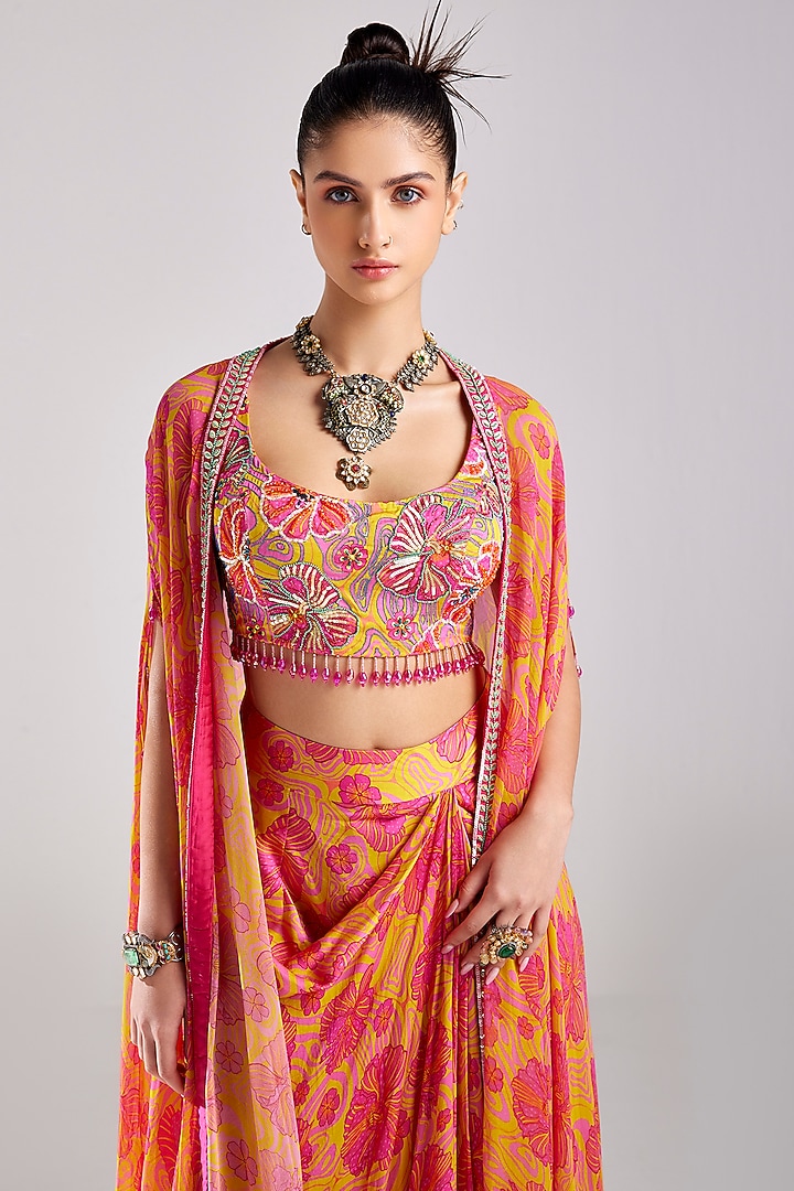Pink Modal & Georgette Printed Cape Set by DiyaRajvvir at Pernia's Pop Up Shop
