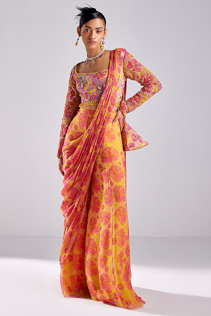 Pink Modal & Georgette Printed Sharara Saree Set by DiyaRajvvir