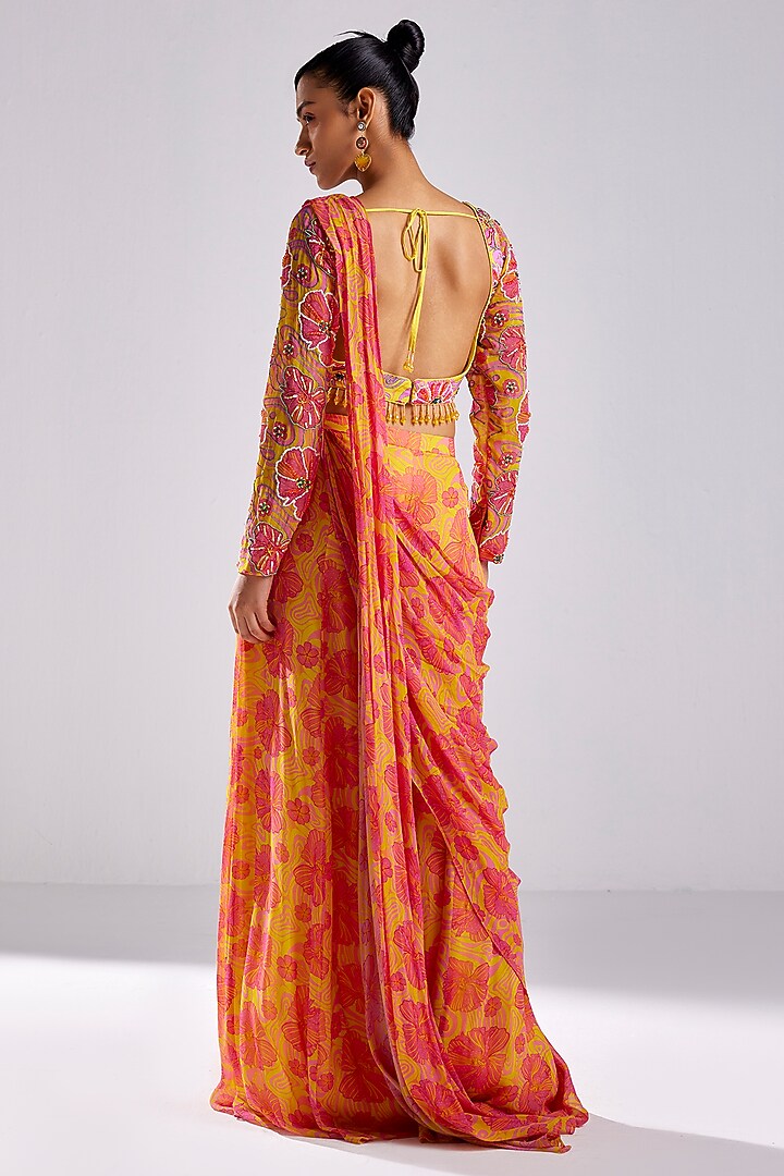 Pink Modal & Georgette Printed Sharara Wedding Saree Set by DiyaRajvvir at Pernia's Pop Up Shop
