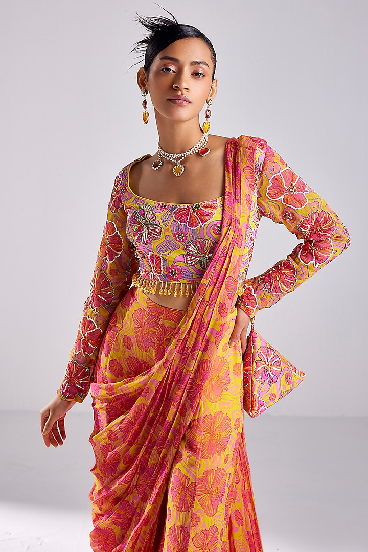 Pink Modal & Georgette Printed Sharara Wedding Saree Set by DiyaRajvvir at Pernia's Pop Up Shop
