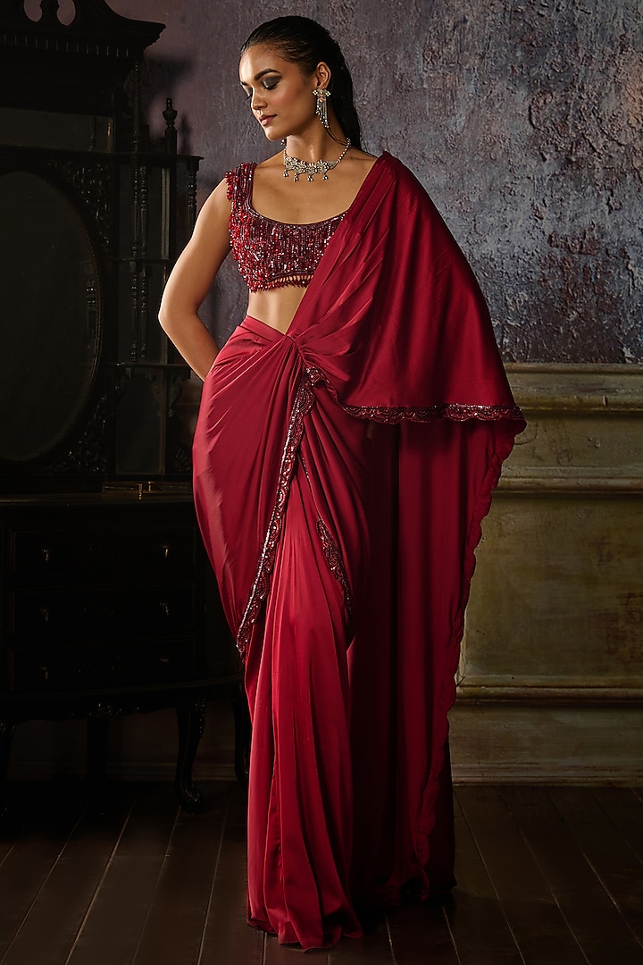 Maroon Tulle & Armani Satin Embroidered Skirt Saree Set by DiyaRajvvir at Pernia's Pop Up Shop