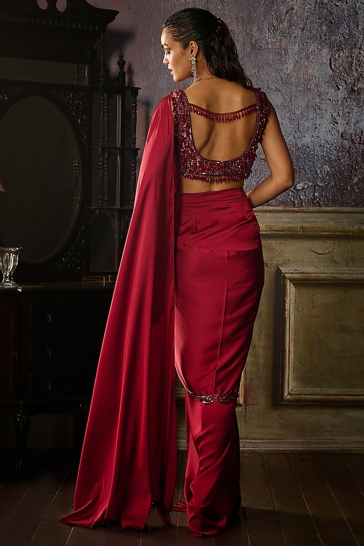 Maroon Tulle & Armani Satin Embroidered Skirt Wedding Saree Set by DiyaRajvvir at Pernia's Pop Up Shop