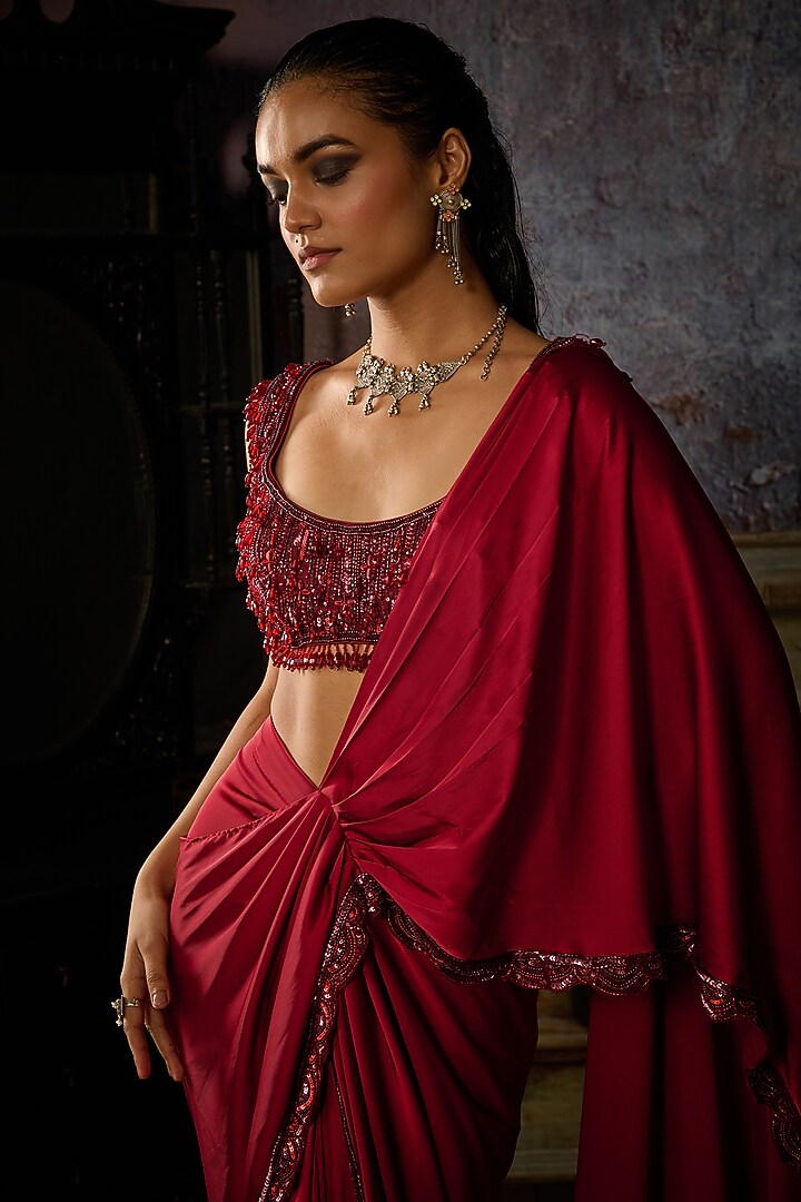 Maroon Tulle & Armani Satin Embroidered Skirt Wedding Saree Set by DiyaRajvvir at Pernia's Pop Up Shop