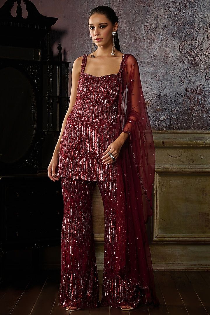 Maroon Tulle Embroidered Sharara Set by DiyaRajvvir at Pernia's Pop Up Shop