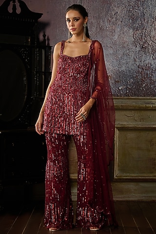 Maroon Tulle Embroidered Sharara Set by DiyaRajvvir