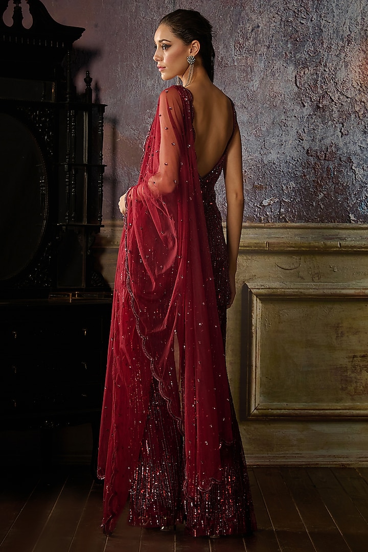 Maroon Tulle Embroidered Bridal Sharara Set by DiyaRajvvir at Pernia's Pop Up Shop