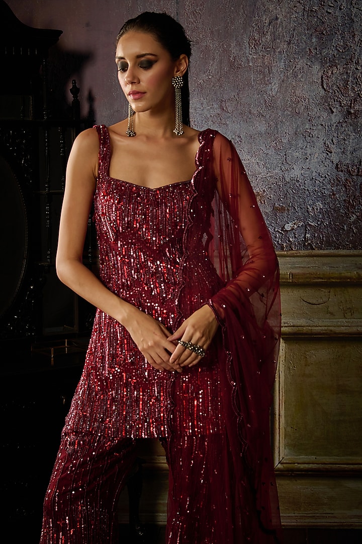 Maroon Tulle Embroidered Bridal Sharara Set by DiyaRajvvir at Pernia's Pop Up Shop