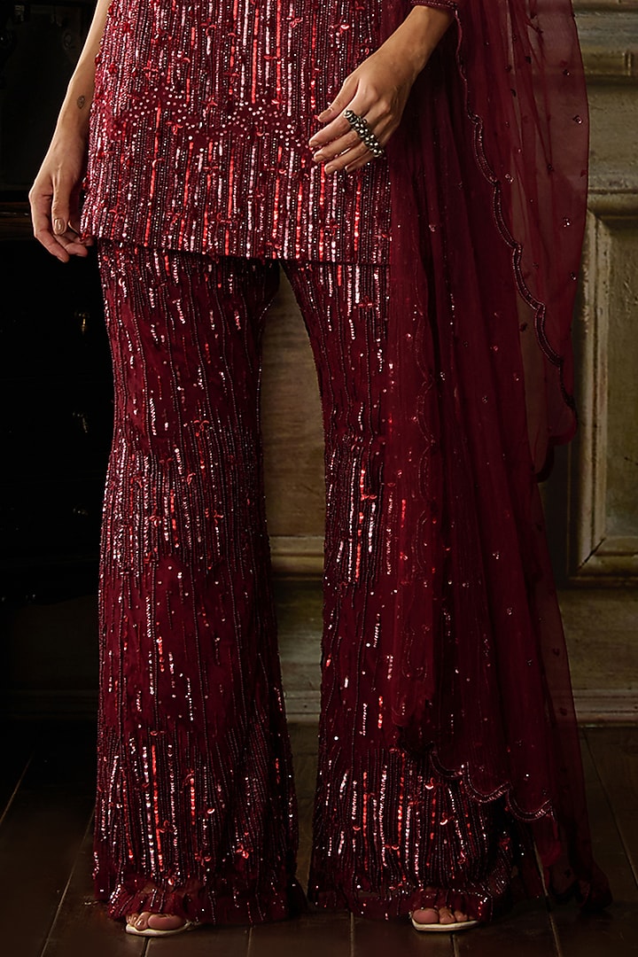 Maroon Tulle Embroidered Bridal Sharara Set by DiyaRajvvir at Pernia's Pop Up Shop