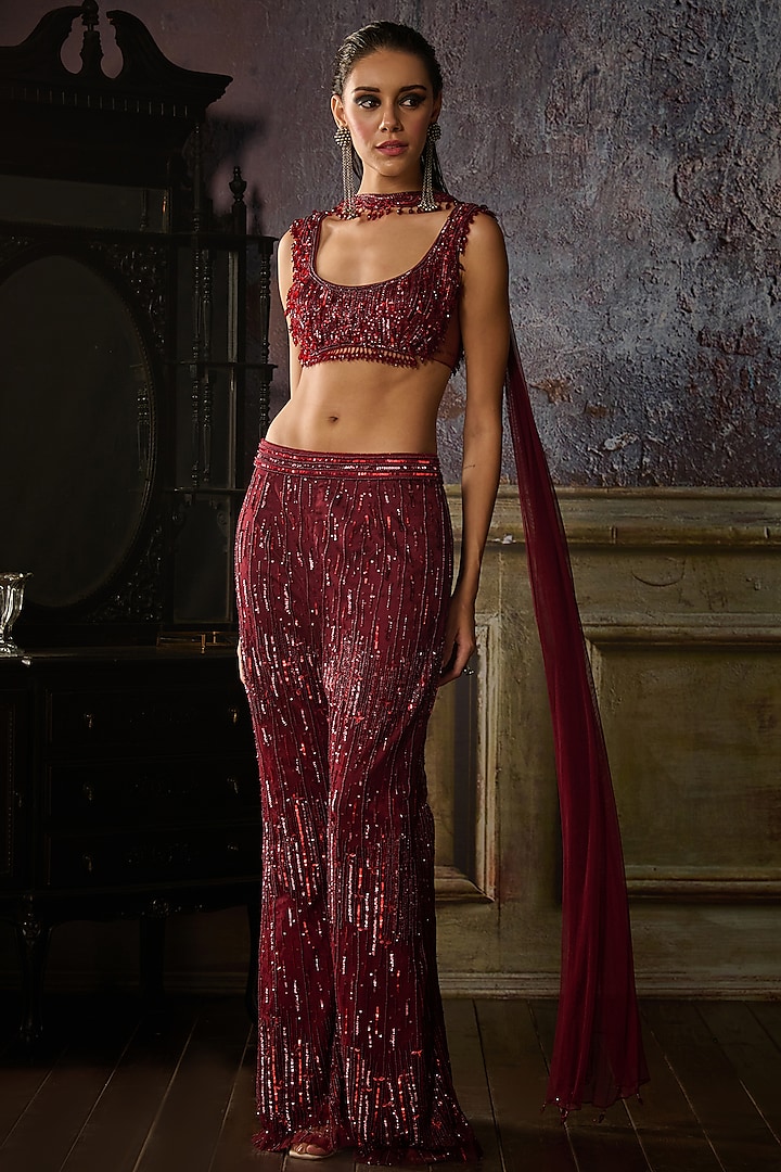 Maroon Tulle Embroidered Pant Set by DiyaRajvvir at Pernia's Pop Up Shop